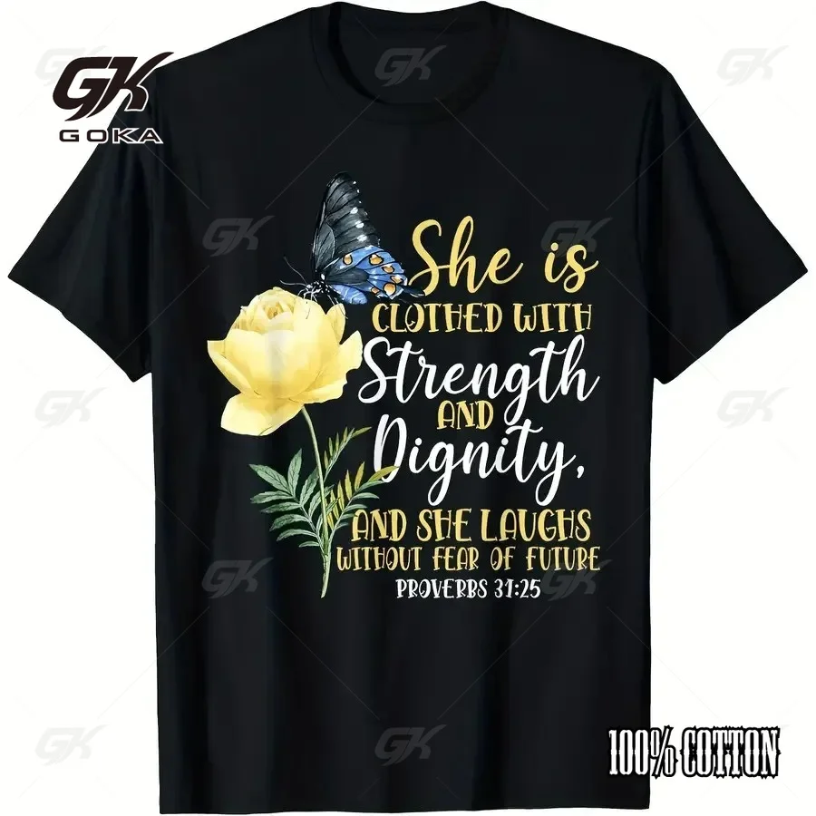 Proverbes 31:25 « Elle est vêtu(e) de force et de dignité » T-shirt chrétien à motif floral et papillon, décontracté, en coton, à manches courtes