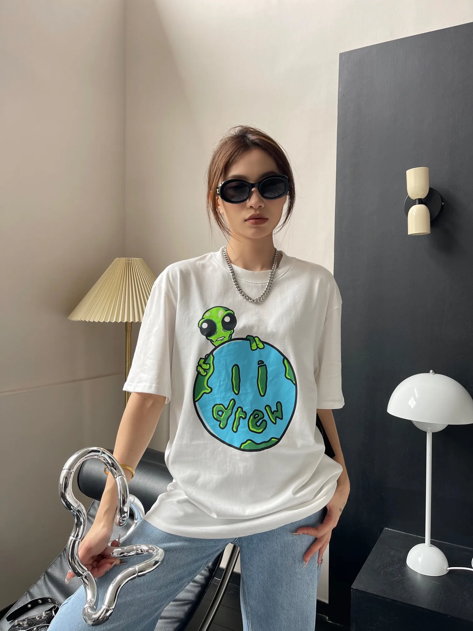 Drew House Hot Sale Men's Clothing Alien's Smiling Face T Shirt Men's and Women's Printed Loose Short Sleeve T-Shirt Ropa Hombre