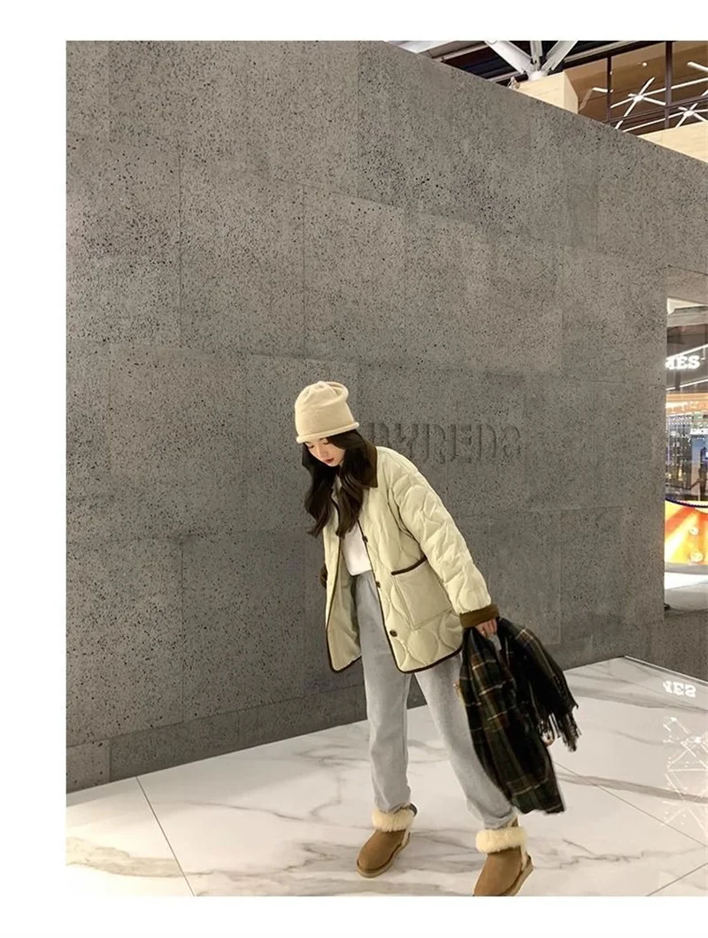 

Lightweight Korean Style Diamond Grid Short Spliced Cotton Jacket Fragrant Winter Loose New Style Lapel Cotton Jacket Cotton Coa