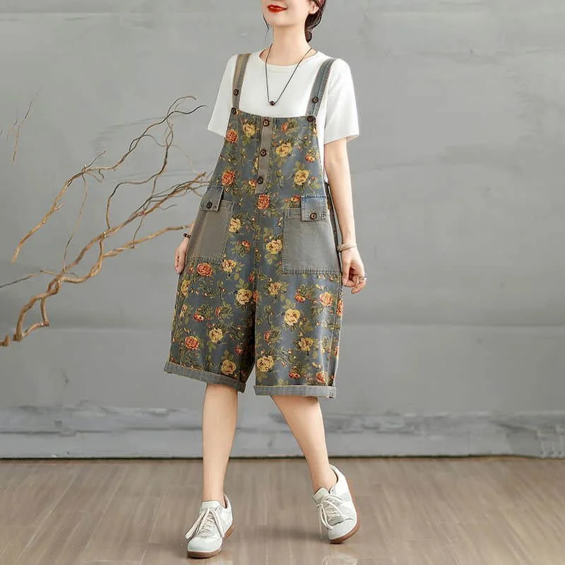 

Denim Jumpsuits Women Vintage Korean Style One Piece Outfit Floral Age Reduction Cropped Wide Leg Pants Summer Women Clothing