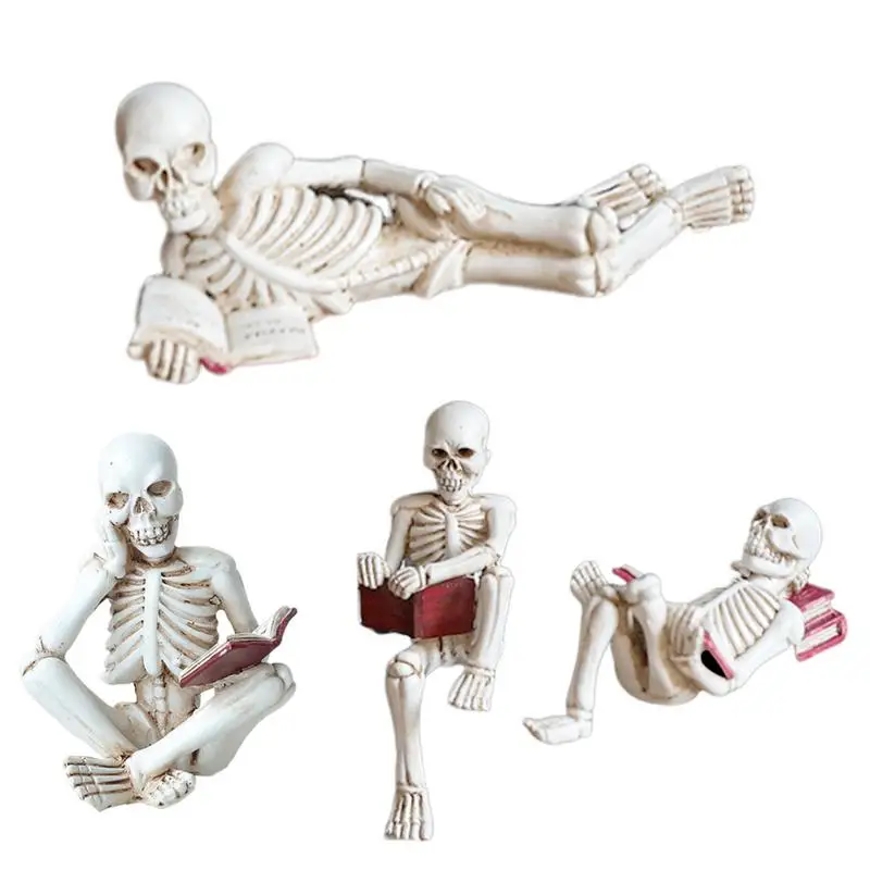 

Halloween Skeleton Decorations Reading Book Bookshelf Decor Aesthetic 4X Resin Halloween Skull Decor Halloween Sculpture Modern