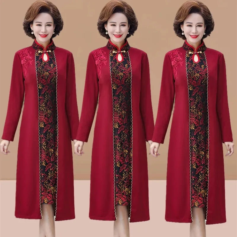 

Middle-aged Women Dress Spring Autumn Noble Elegant Cheongsam Dresses Fake Two Piece Embroidered Vestidos Mother Wear 5XL