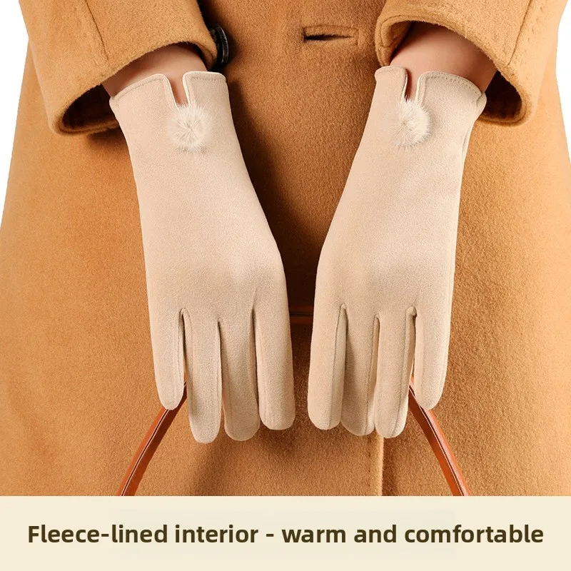Women Autumn Winter Warm Fleece Lined Thickened Cute Fashion Windproof Cold Resistant Driving Touch Screen Cycling Gloves
