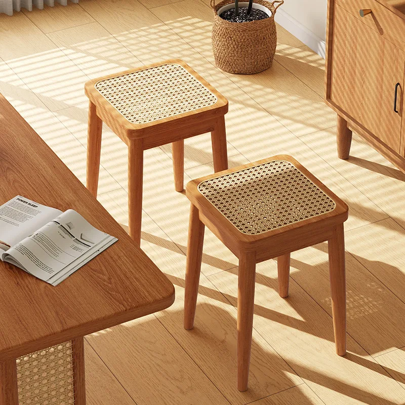 Rattan stool household stackable medieval square stool dining table bench spare breathable dining