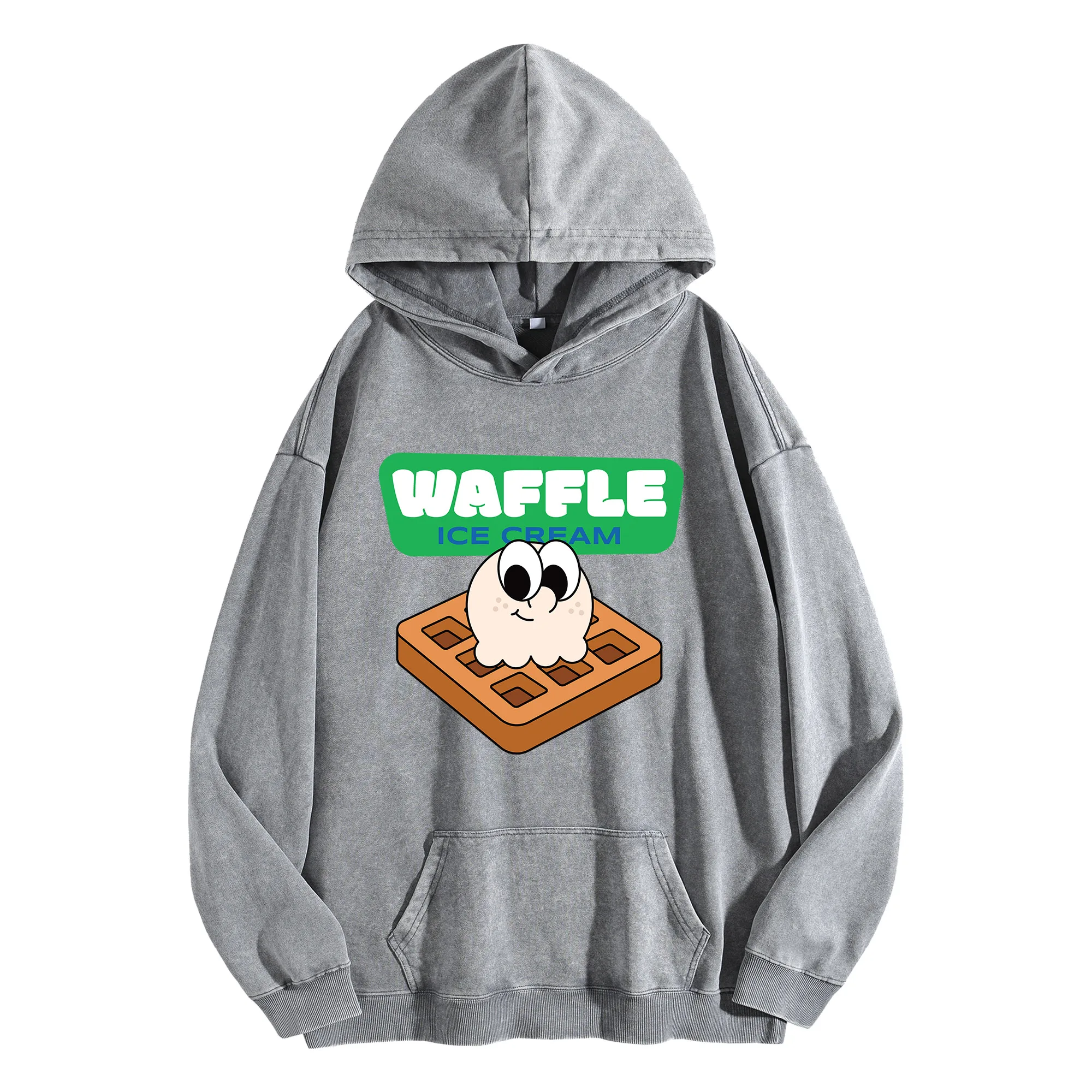 سترة بغطاء للرأس مغسولة عتيقة 400G مطبوعة برسومات WAFFLE للجنسين، بلوفر كبير الحجم، مجموعة الخريف/الشتاء