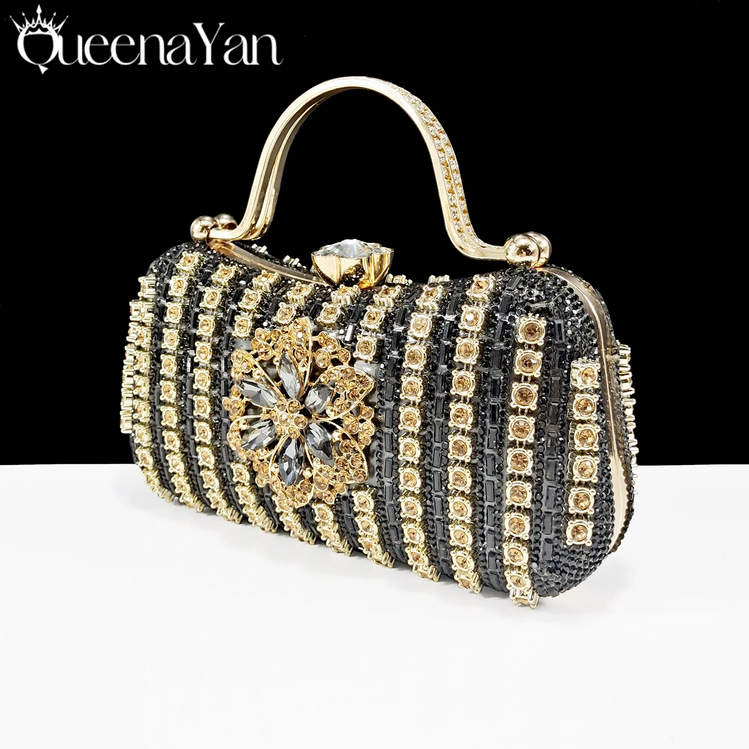 Women Elegant Black & Gold Crystal Evening Handbag, Rhinestone Floral Embellished Hard Clutch, Top Handle Purse for Wedding