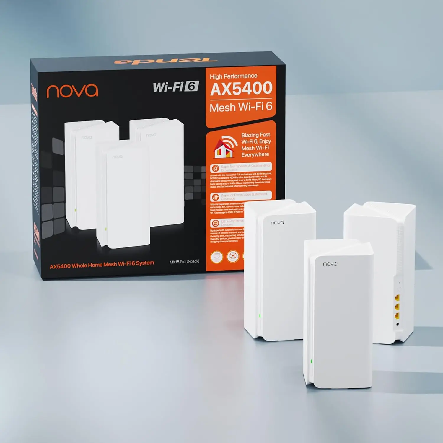 Tenda AX5400 Wi-Fi 6 Mesh System Gaming/Live Wireless Router Signal Range Extender 7200sq/670㎡ Coverage App Web Manage Dual-Band