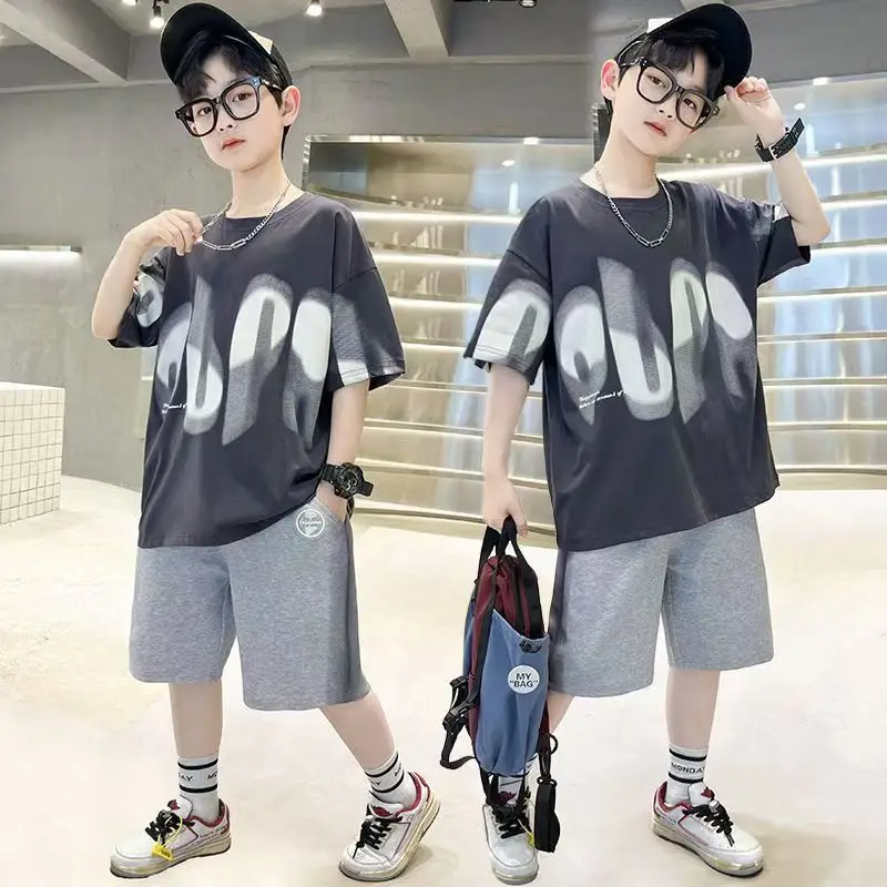 Boys Summer Trendy Casual Sports 2pcs T-shirts+Pants Suits 5-14 Years Teenage Boys Hip Hop Style Fashion Outfits Clothes Sets