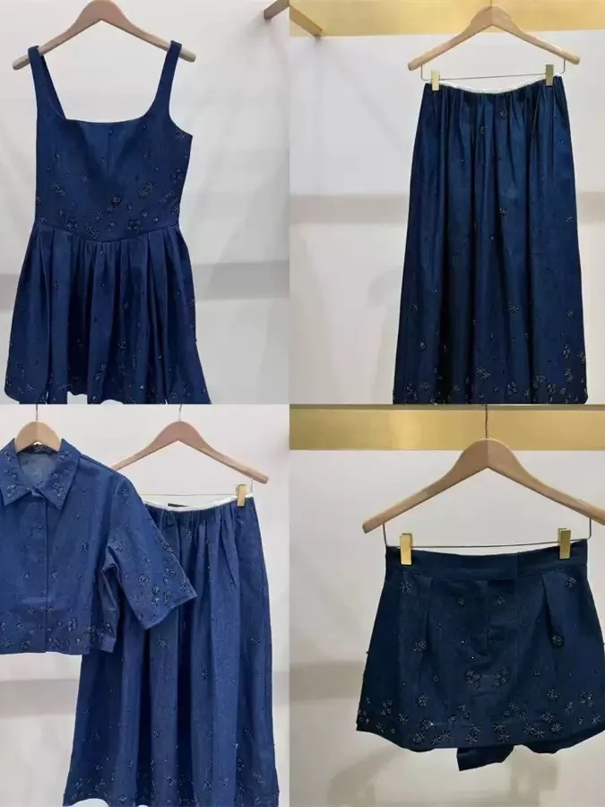 

Spring Summer 2026 Embroidered Bead Flower Decorated Turn-down Collar Denim Shirt Jacket Half-length Skirt Strap Dress