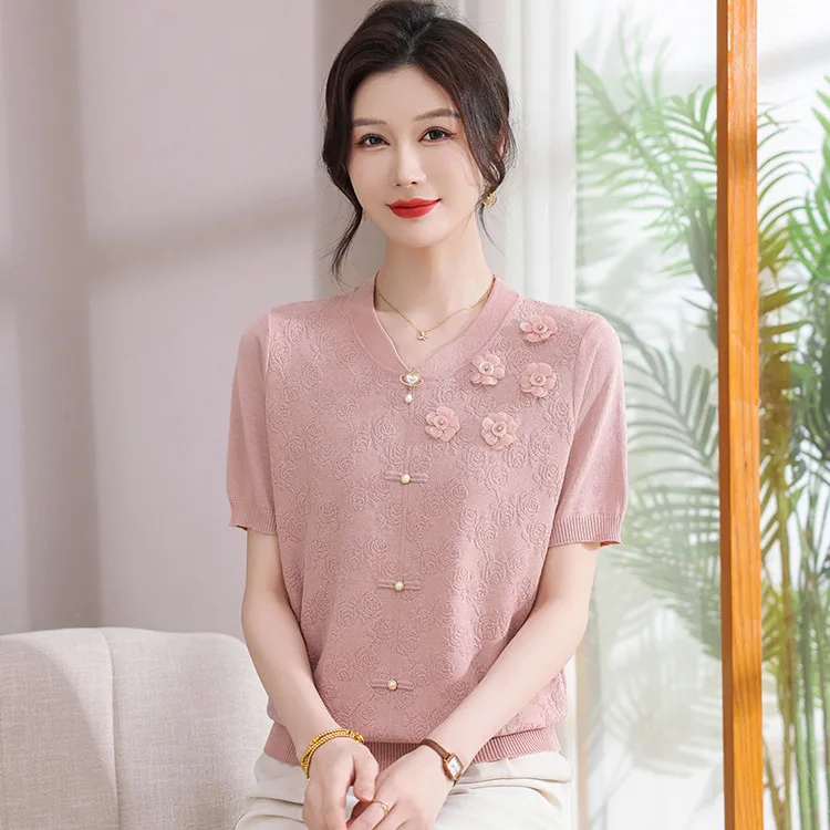 

Viscose 40% Women3D Flowers Knitted Thin T shirt 2025 Spring Summer Short Sleeve Elegant Female Floral Pullover V-neck t-shirt