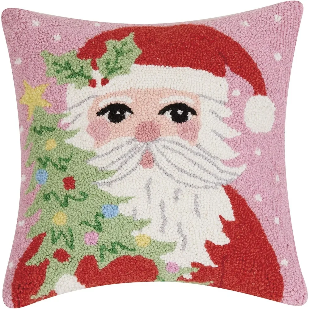 

Santa Holding Tree Christmas Polyfill Hook Throw Pillow, 16-inch Square, Wool and Cotton, Holiday Seasonal Decoration