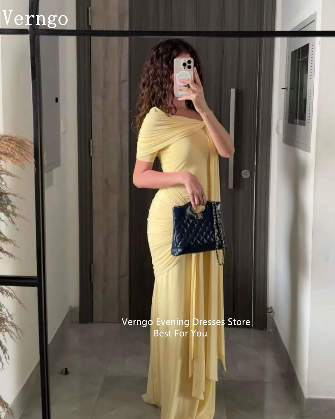 Verngo Blush Yellow Crepe Evening Dress Off The Shoulder Mermaid Formal Occasion Pleat Prom Party Gowns Customized image 5