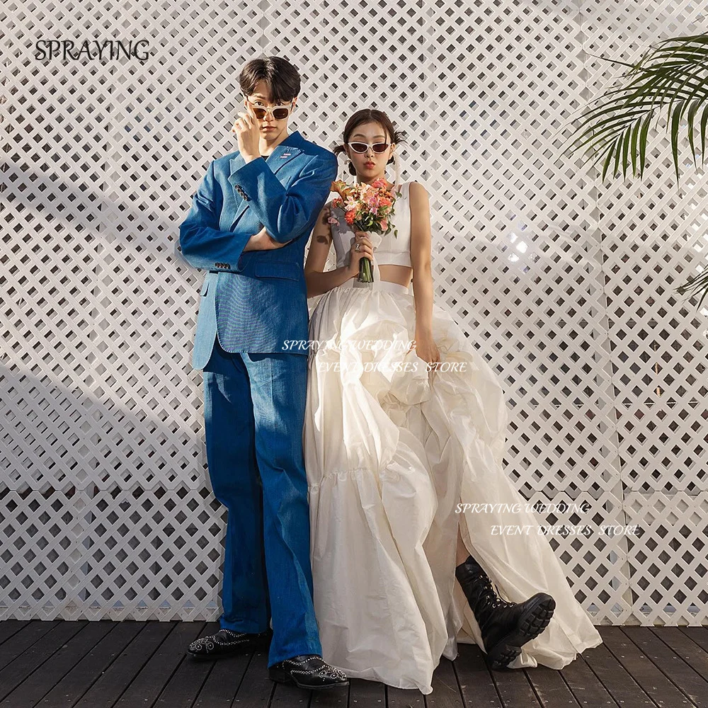 SPRAYING 2 Pcs Unique Korea Wedding Party Dresses Photo Shoot Bridal Gown Custom Square Collar Sleeveless A-line Bride Dress