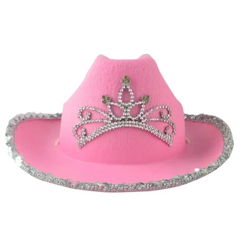 Pink Crown Western Cowboy Feather Hat Headwear Sequin Wrapped Pink Western Cowboy Hat Women's Stage Hat