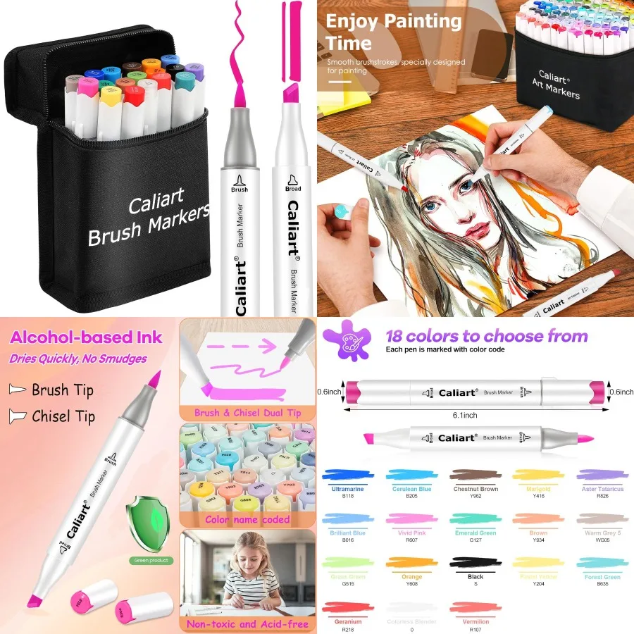 カリアート-マーカー-ブラシチゼル-18色-アルコールマーカー-大人向け塗り絵用-デュアルチップ-アートペンセット-アーティスト-イラスト-スケッチ用