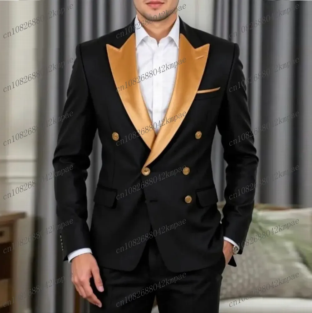 

New Gold Collar Black Men Formal Tuxedos Groom Groomsman Wedding Party Prom Male Business Suit 2 Piece Set Blazer Pants
