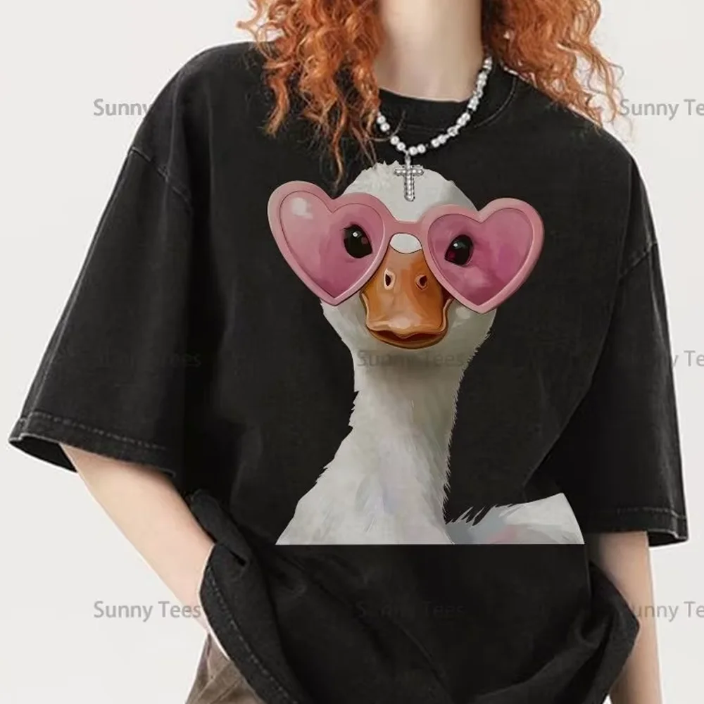 

Y2k Women's Clothes Tops T-Shirt Oversized Style Love Glasses Cute Code Duck Print Short Sleeves New Pure Cotton Tee
