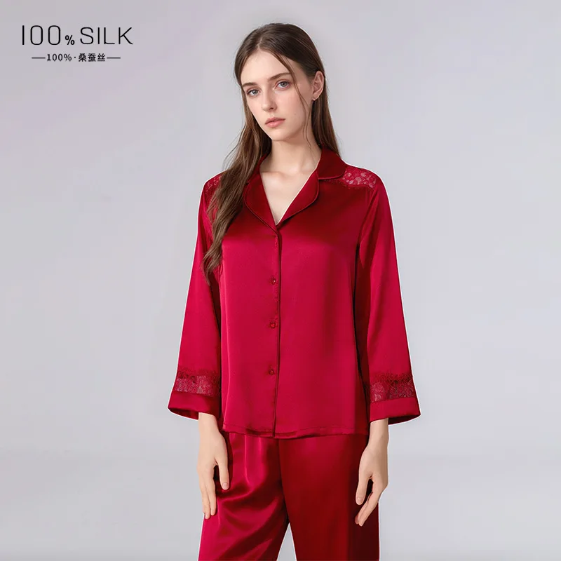 

19MM 100% Real Silk Women Pijamas Set Long Sleeves Full Pants Casual Loungewear Lapel Pajamas Suit Sexy Lace Homewear Pajama PJ