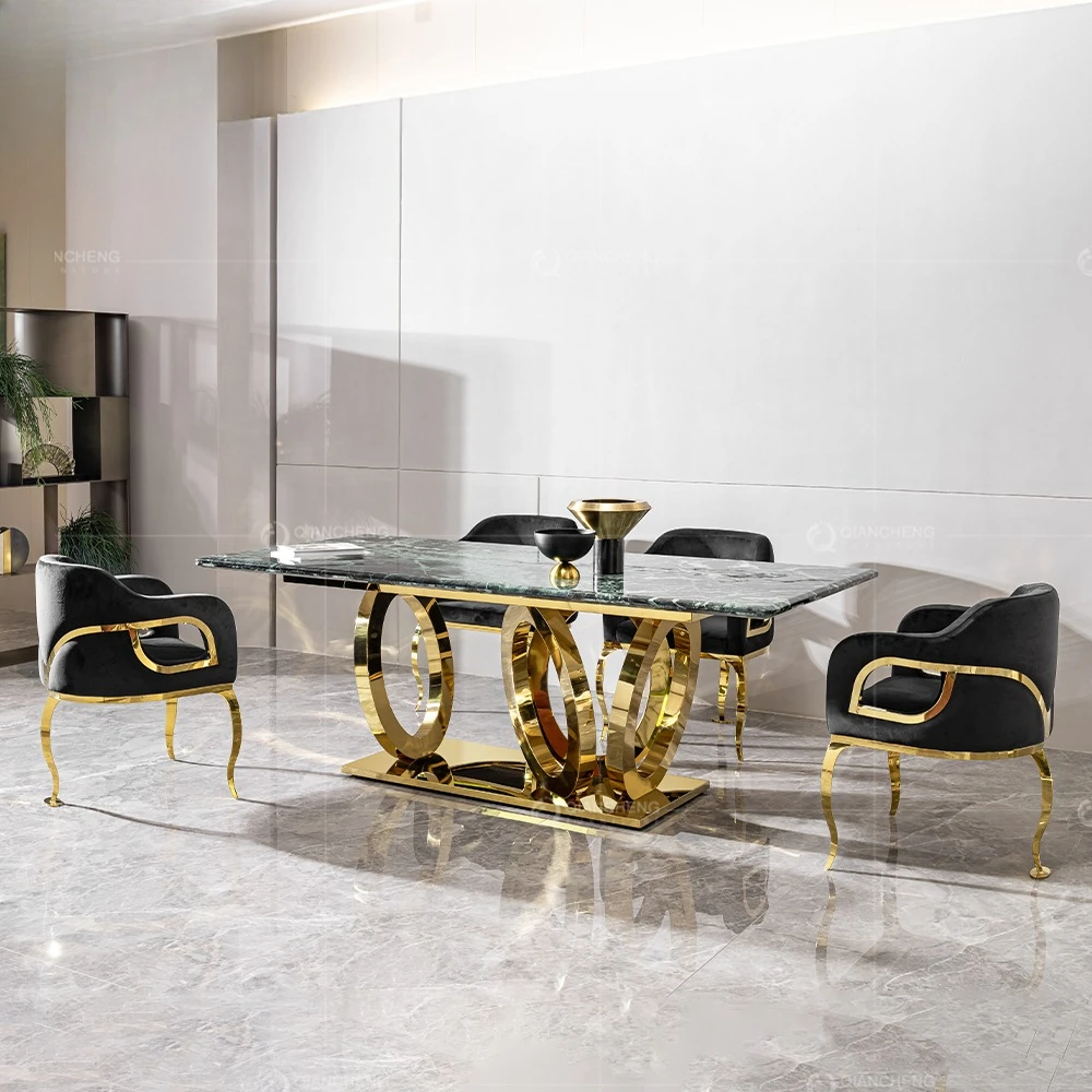 أثاث مرآة 6 مقاعد طاولة طعام أنيقة للمطاعم مجموعة طاولة طعام زجاجية فاخرة من الرخام الذهبي #3