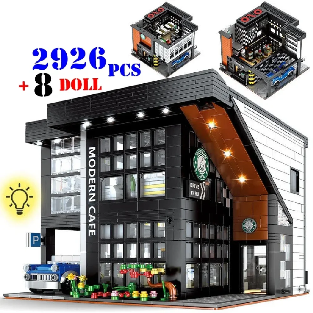 Nowoczesna kawiarnia Model architektura miasta widok ulicy klocki kawiarnia zestaw konstrukcyjny Moc cegły DIY zabawki do samodzielnego montażu prezent