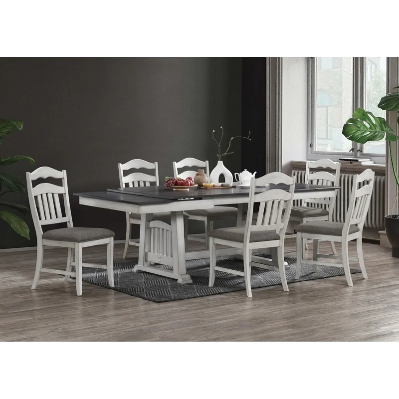 

Antique White 7-Piece Dining Set with Expandable Table and Ladder Back Chairs, Classic Dining Room Furniture