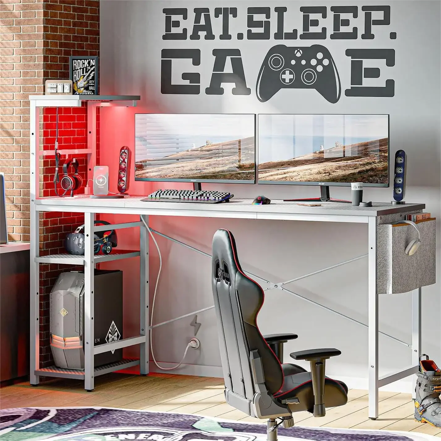 61" Reversible Gaming Computer Desk with Power Outlet LED Desk with 4 Tier Shelves, Grey Carbon Fiber