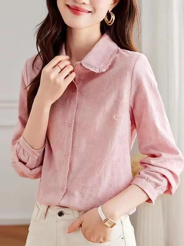 

Pink Embroidered Cotton irt Women's Long Sve 2026 Spring New Sle Versatile Youthful Slimming Pure Cotton Base irt