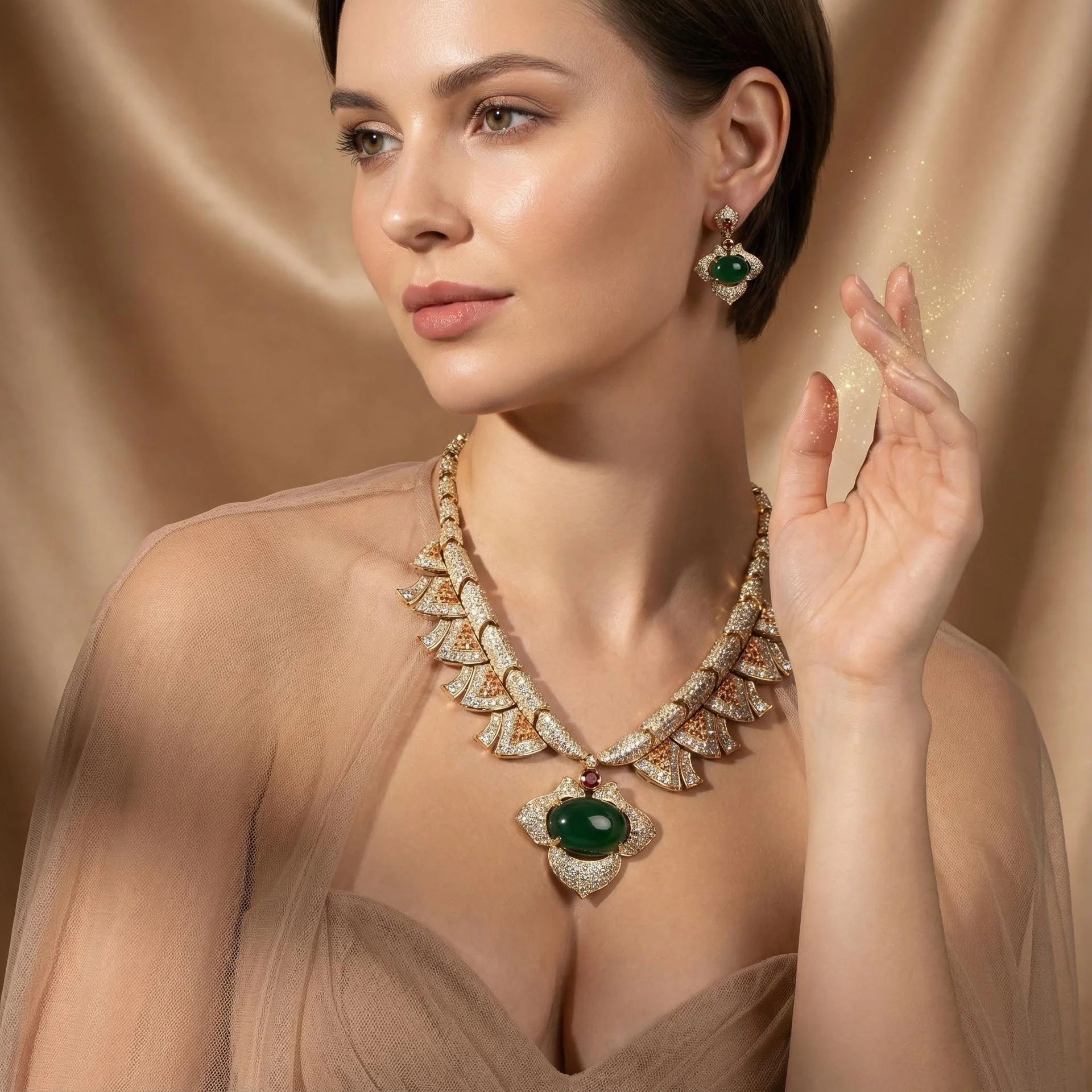 

Noble Oversized Fan-Shaped Necklace, Micro-Inlaid Colorful Gems & Zircon, Gold-Plated Copper Necklace with Ruby Flower Pendant