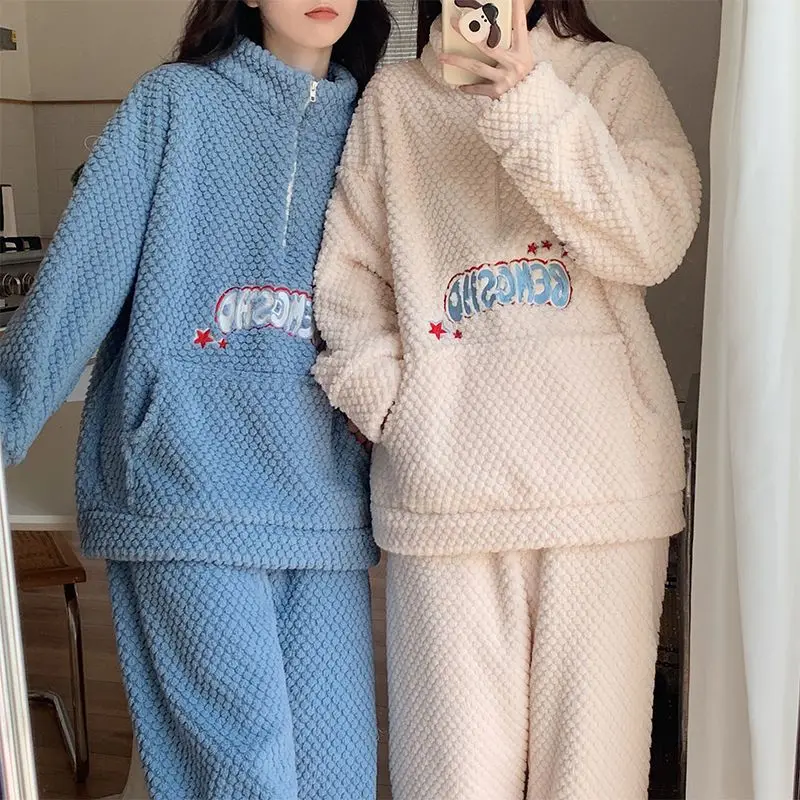 Coral Velvet Pajamas Winter Women Long Sleeve Fleece-lined Thick Loose Homewear Flannel Stand-up Collar Warm Nightclothes Suit