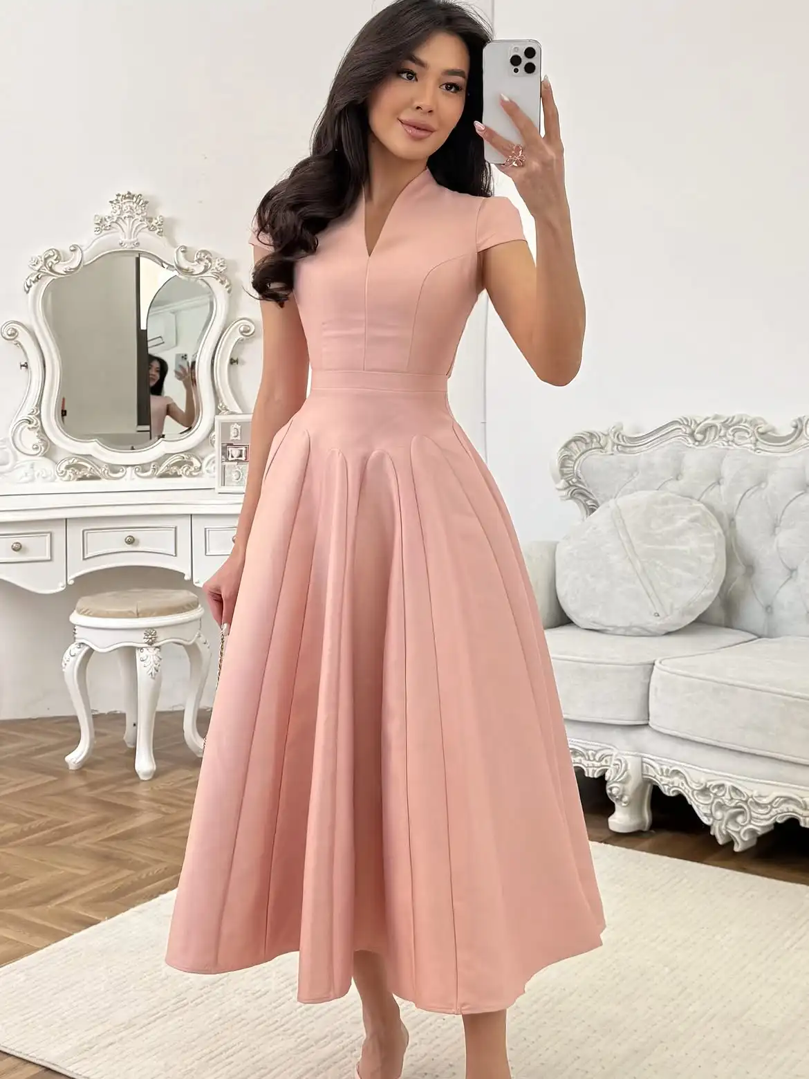 Vestido de Noche para Cumpleaños, Compromiso o Cita, Color Rosa Rubor, Cuello Mandarín, Escote en V, Manga Corta, Cintura Alta, Plisado, Corte en A, Midi, Formal