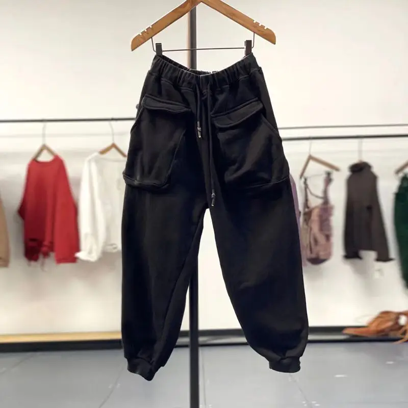 Calça Harlan feminina casual, bolso com cordão elástico, guarda grossa, cinto solto, monocromático, cintura alta, moda coreana, outono, inverno, nova