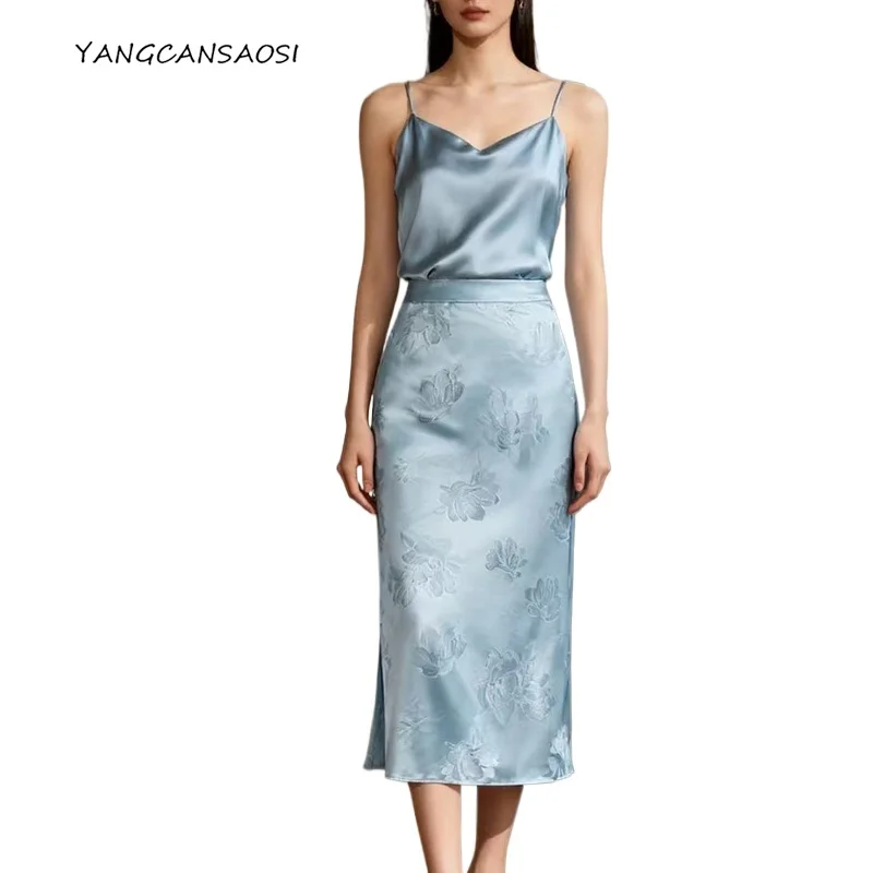 

2025 женская модная одежда, осенняя новинка, 30 мм, 100% натуральный шелковый шелковый жаккардовый атлас, синяя прямая юбка-труба с высокой талией