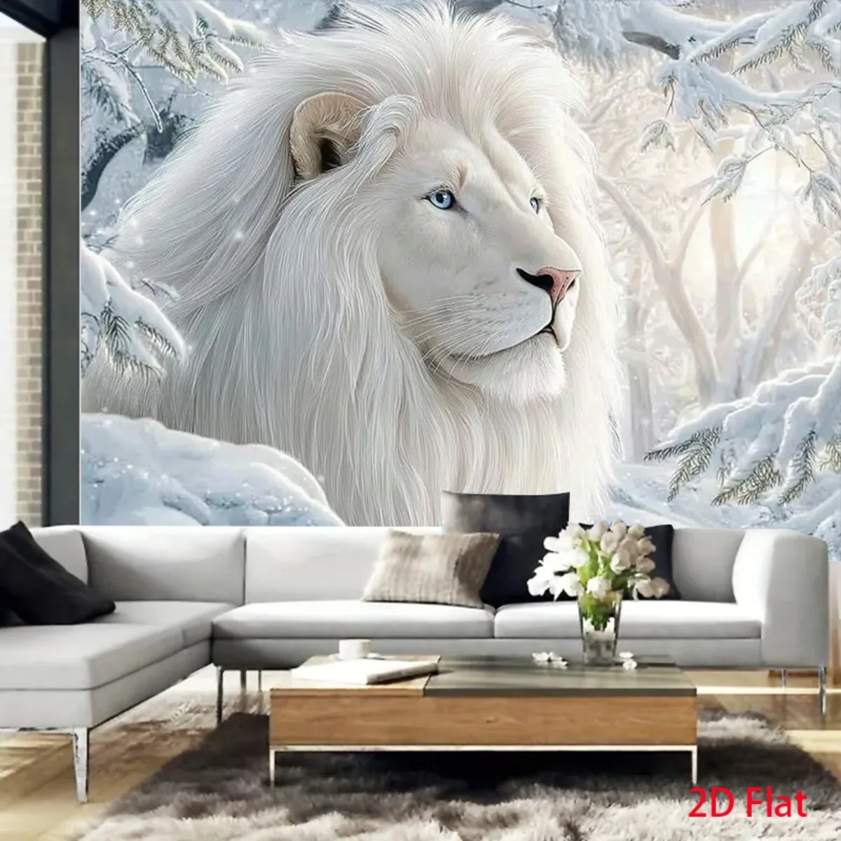 Majestic White Lion Tapestry Wall Hanging, Blue Eyed Lion in Snowy Forest Winter Landscape, Boho Home Decor for Living Room