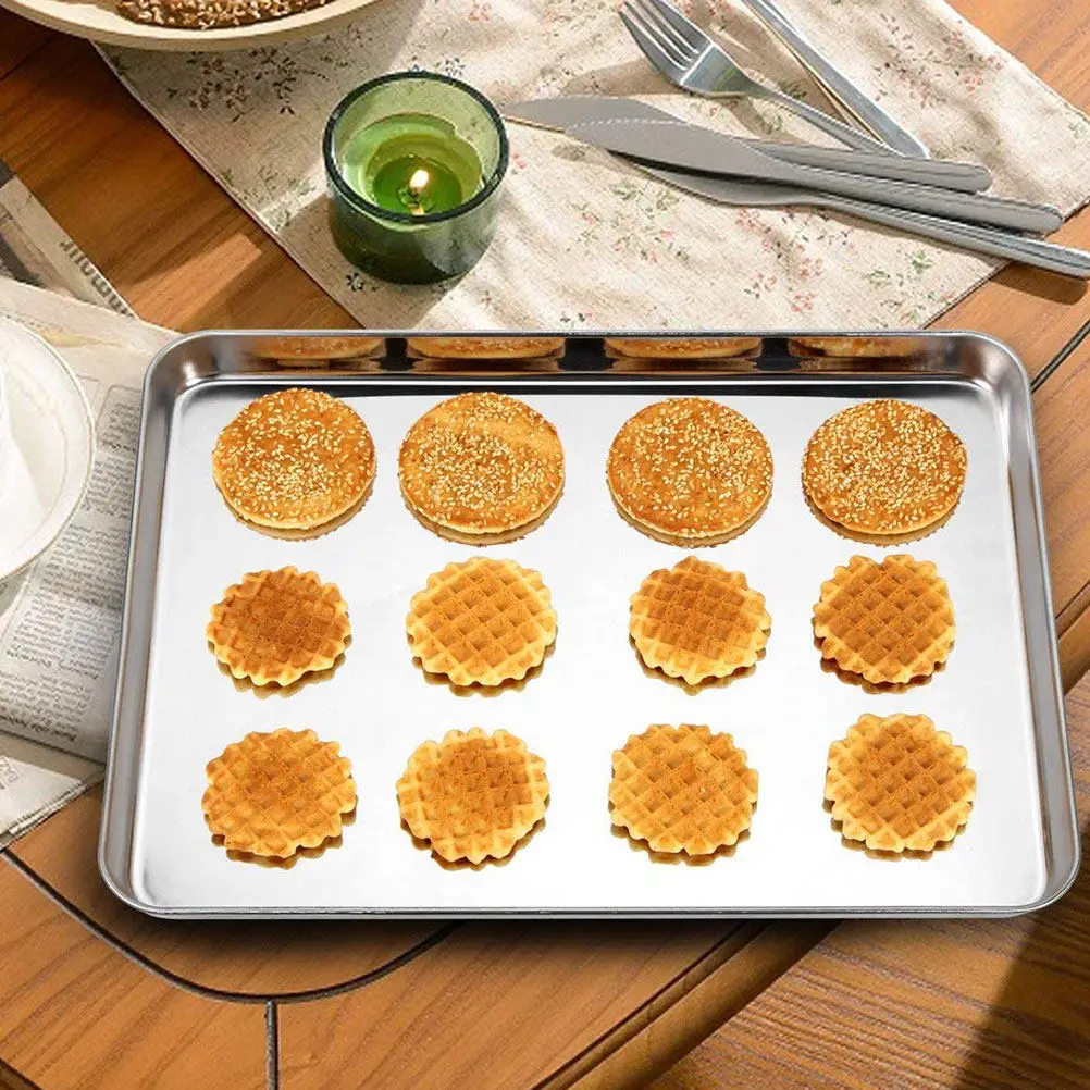 

Stainless Steel Baking Pan Rectangular Shallow Bread Pizza Tray Fast Heat Conduct Conduction Dessert Cookie Sheet Oven Baking