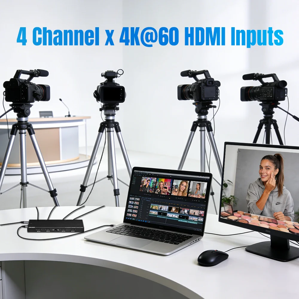 ORIVISION 4 Channels 4K60 HDMI Capture Card 4 in 1 Out UVC USB 3.0 Video Capture with 4 HDMI Loopout for OBS