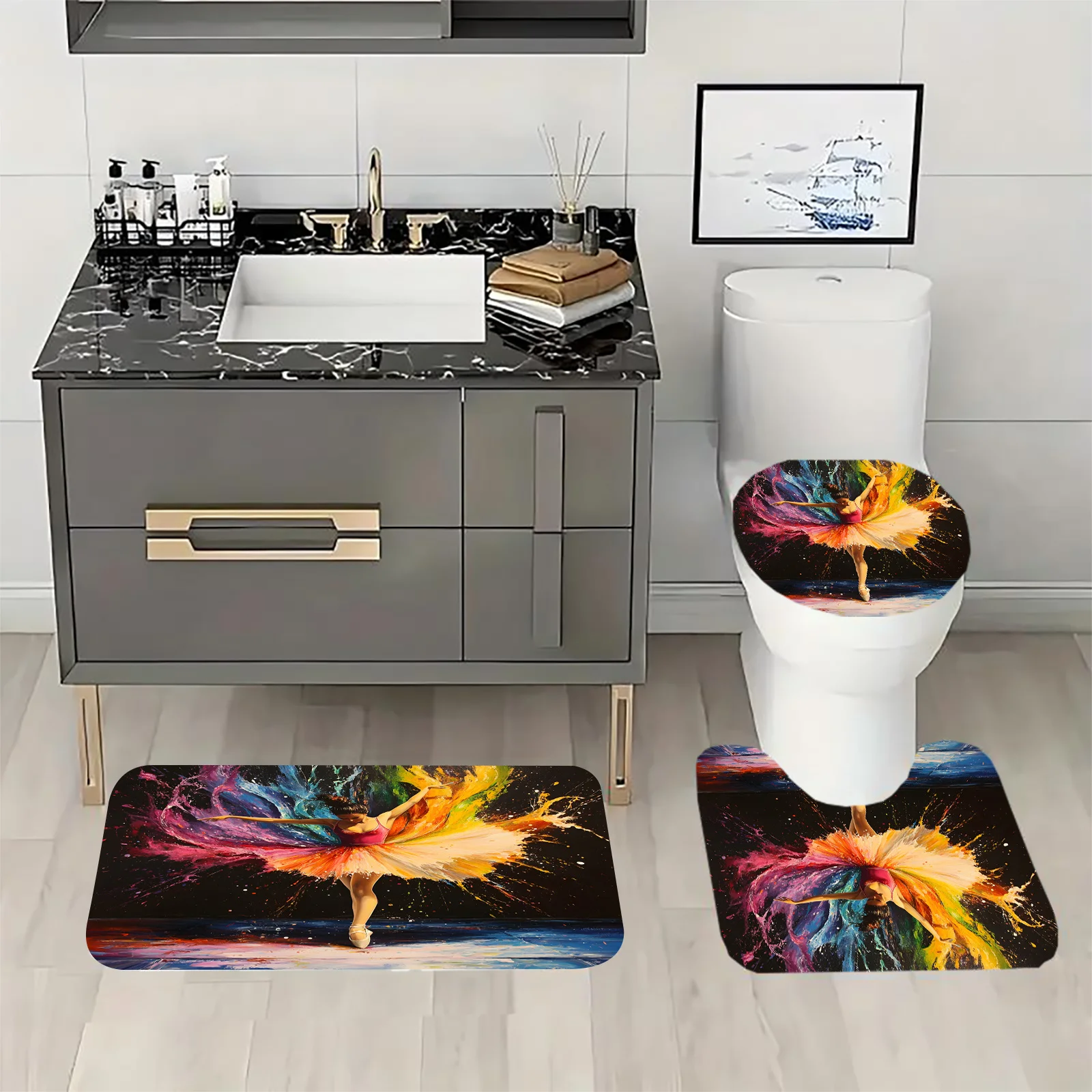 Dancing Ballerina Bathroom Set: Shower Curtain, Mat, Towel, Toilet Cover - 4Pcs Waterproof Decor for an Artistic Bath