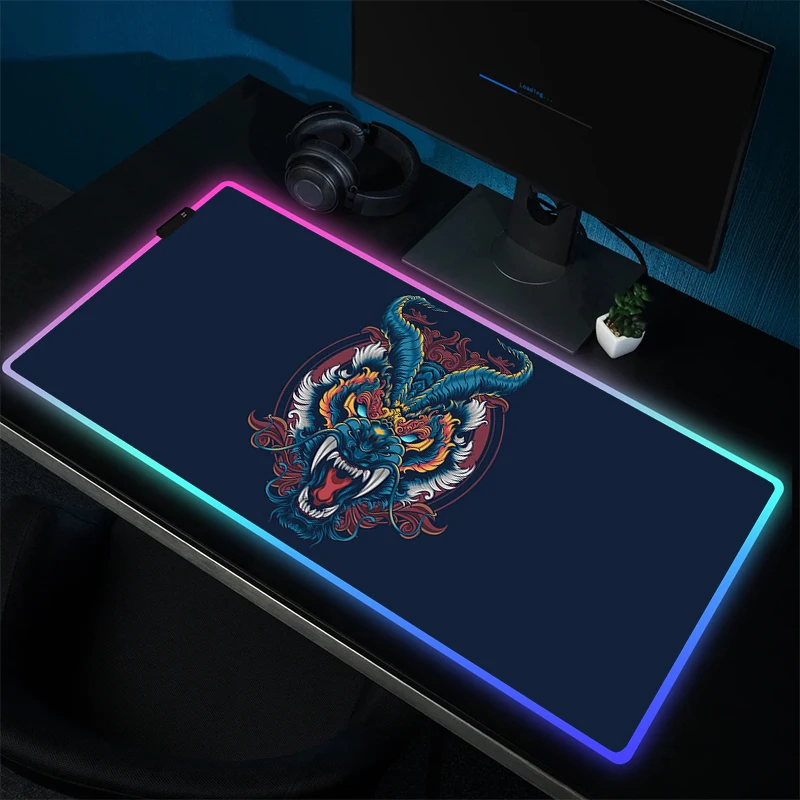 Met Achtergrondverlichting Rgb Muismat Japanes Drakenmuismat Grote Gaming Muismat Gamer Rubber Accessoires Led Game Hd Print Tafelmatten