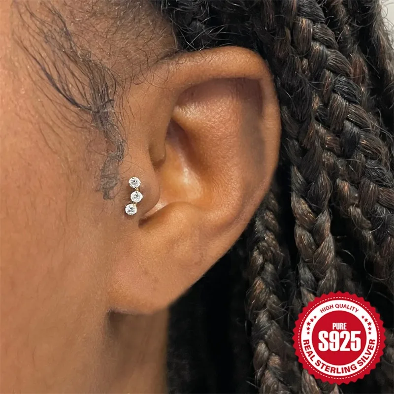 14K Gold Plated Solid 925 Sterling Silver Post Flat Back Stud Earrings for Women Cartilage Helix Piercing Cubic Zirconia Earring