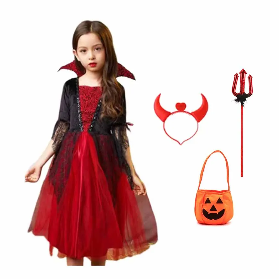 Halloween Girls Carnival Party Cosplay Clothes Gothic Demon Evil Queen Vampire Dress Up Clothes with Hat Carnival Party Gift