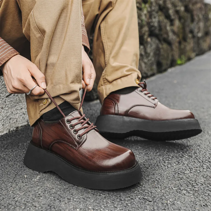 

men's casual original leather shoes lace-up derby shoe business wedding formal dress black brown platform sneakers mans footwear