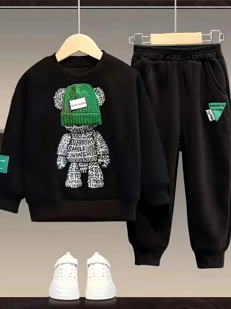 Spring Children Boy Clothes Baby Girl Embroidery Sweater Pullover Pants Outfit Kid Cartoon Bear Top and Bottom 2 Pieces Set Ropa