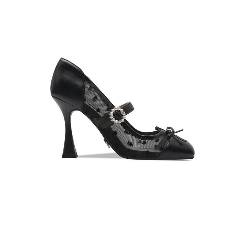 Sexy Mesh High Heels Woman Pumps Selling Thin Heel Shallow Mouth Breathable Black Temperament Women Round Toe Single Shoes 7cm