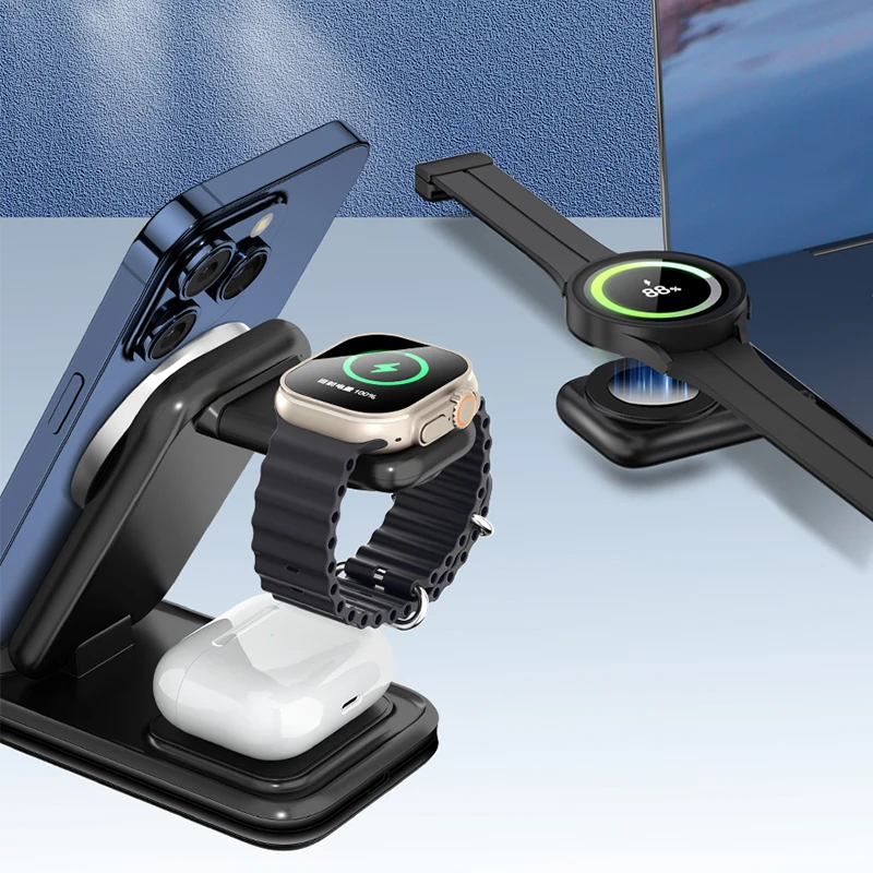 

Беспроводное магнитное складное зарядное устройство 4-в-1 QI2 мощностью 30 Вт для быстрой зарядки iPhone 16-12, Apple Watch, Samsung S22, S20, S10 (модель 2026 года)