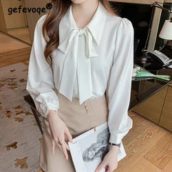 Weiß Elegante Chic Bogen Arbeit Tragen Koreanische Mode Bluse Top Frauen Frühling Herbst Revers Langarm Button Up Hemd Chemisier femme