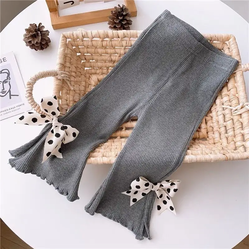 Girls' Bow Flared Pants High Elastic Stretchy Tights for Kids Summer Wear Comfortable Kids' Bell Bottoms with Adjustable Waist
