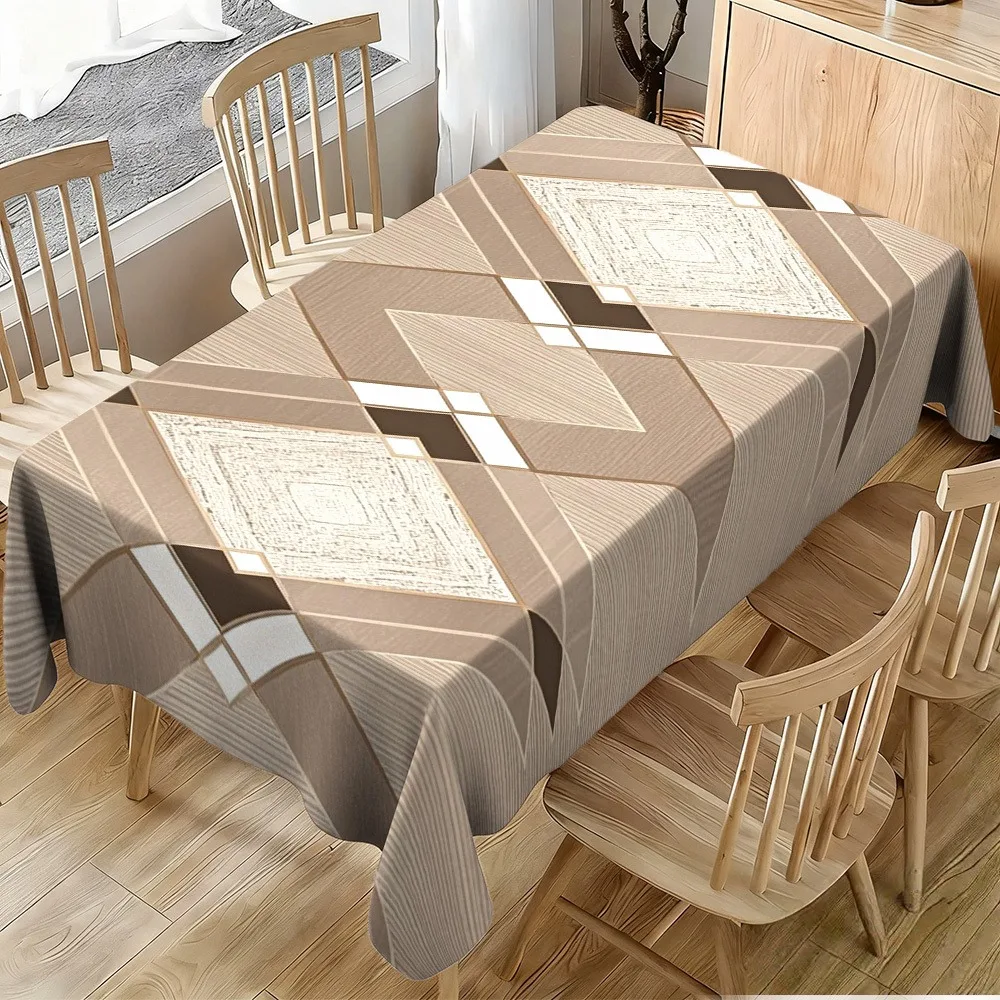 Single-sided printed square tablecloth, modern minimalist style geometric pattern, beige, brown, white