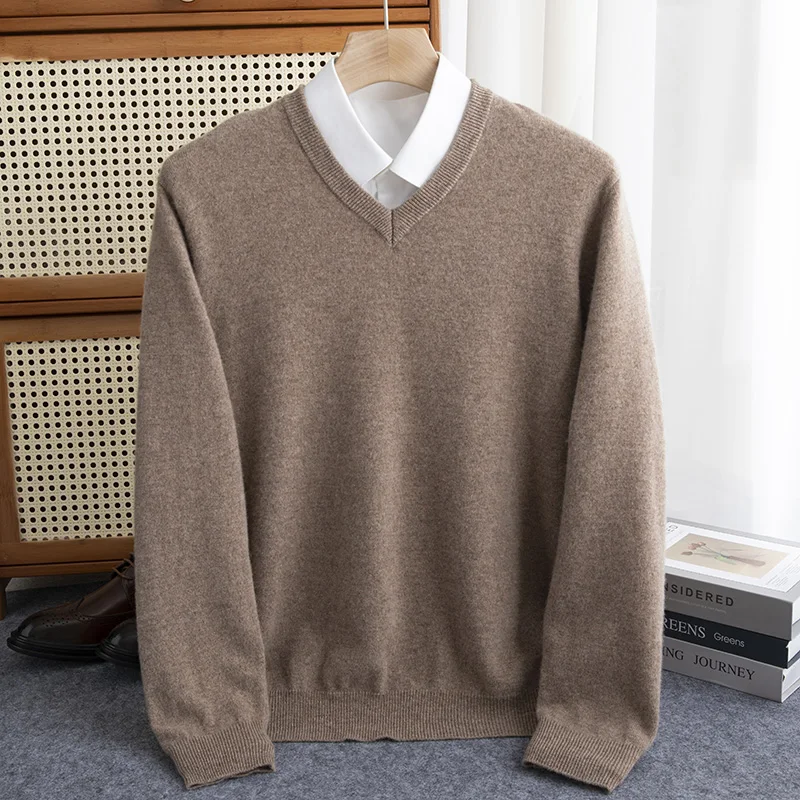 100% Pure Merino Wool Sweater Men's V-Neck Pullovers Knit Large Size Cashmere Fall Winter New Long Sleeve High-End Jumpers Tops