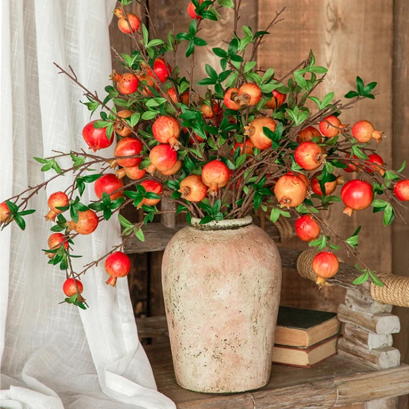 Vintage Artificial Flower Pomegranate Single Stem Fruit High Branch Fake Bouquet Living Room Dining Table