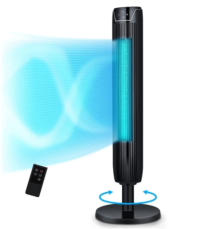 42-inch oscillation with remote, quiet bladeless floor power fan, built-in 7-hour timer and LED display