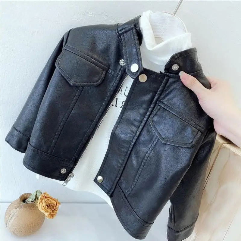 123  Girls Leather Jacket Solid Color Stand Collar Motorcycle Handsome Coat Spring Autumn Boys Stylish Pu Outwear 2 3 4 5 6 8 Y